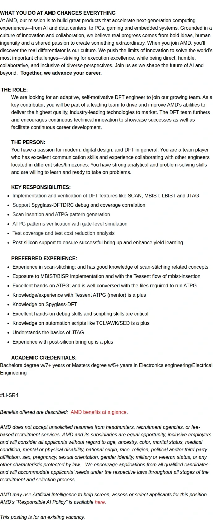 AMD Senior DFT Design Engineer (ATPG/Scan stitching) 채용공고