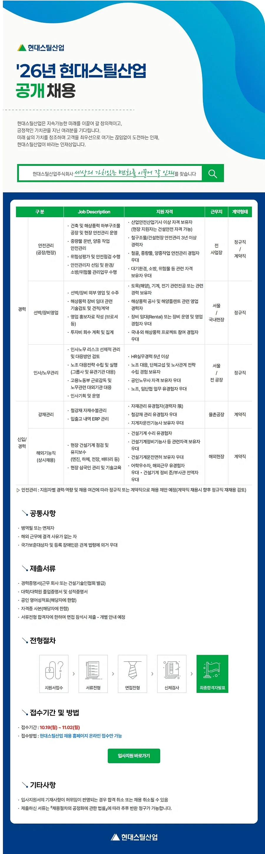 현대스틸산업 2026년 경력직 공개채용 (안전, 선박/장비영업, 인사/노무, 강재관리, 해외기능직) #공채 채용공고