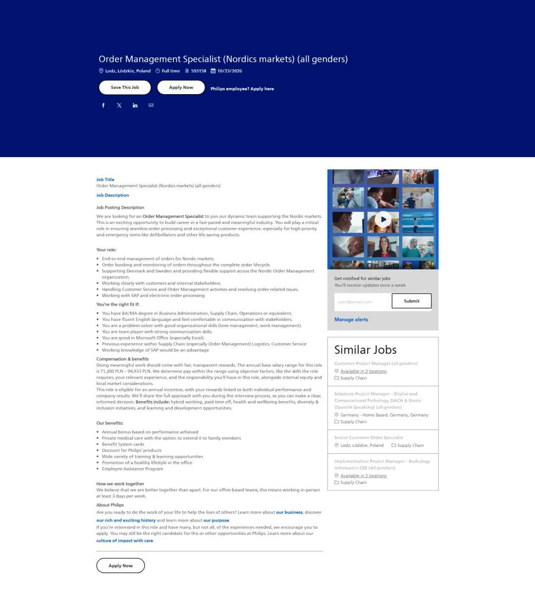 필립스 Order Management Specialist (Nordics markets) (all genders) 채용공고