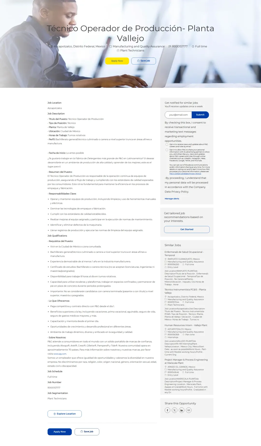 P&G Técnico Operador de Producción- Planta Vallejo 채용공고