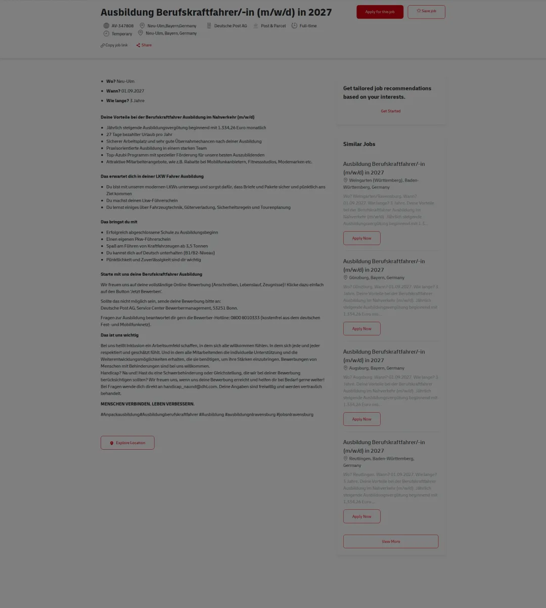 DHL Ausbildung Berufskraftfahrer/-in (m/w/d) in 2027 채용공고