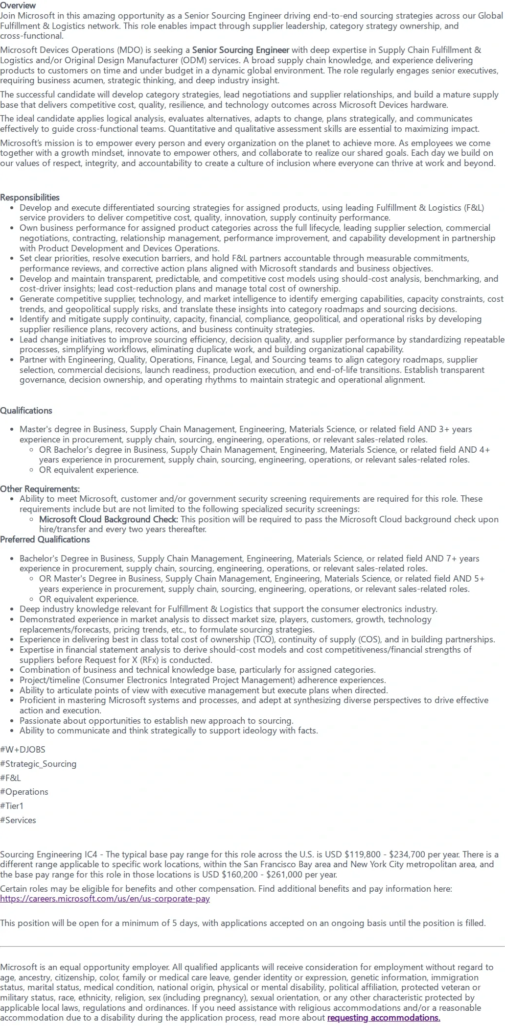 마이크로소프트(Microsoft) Senior Sourcing Engineer 채용공고
