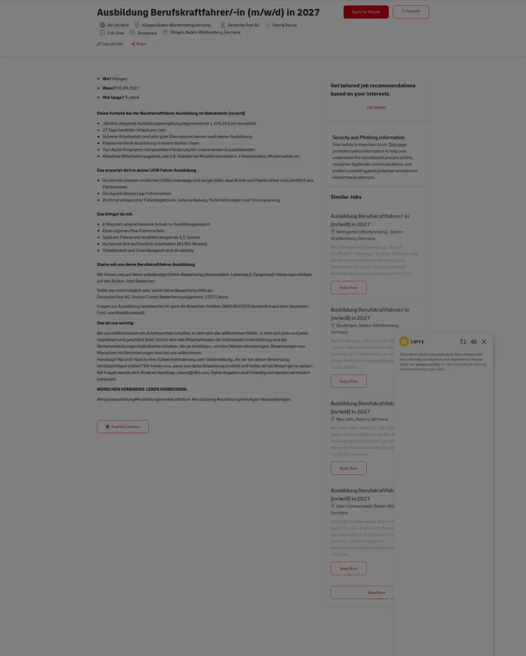 DHL Ausbildung Berufskraftfahrer/-in (m/w/d) in 2027 채용공고