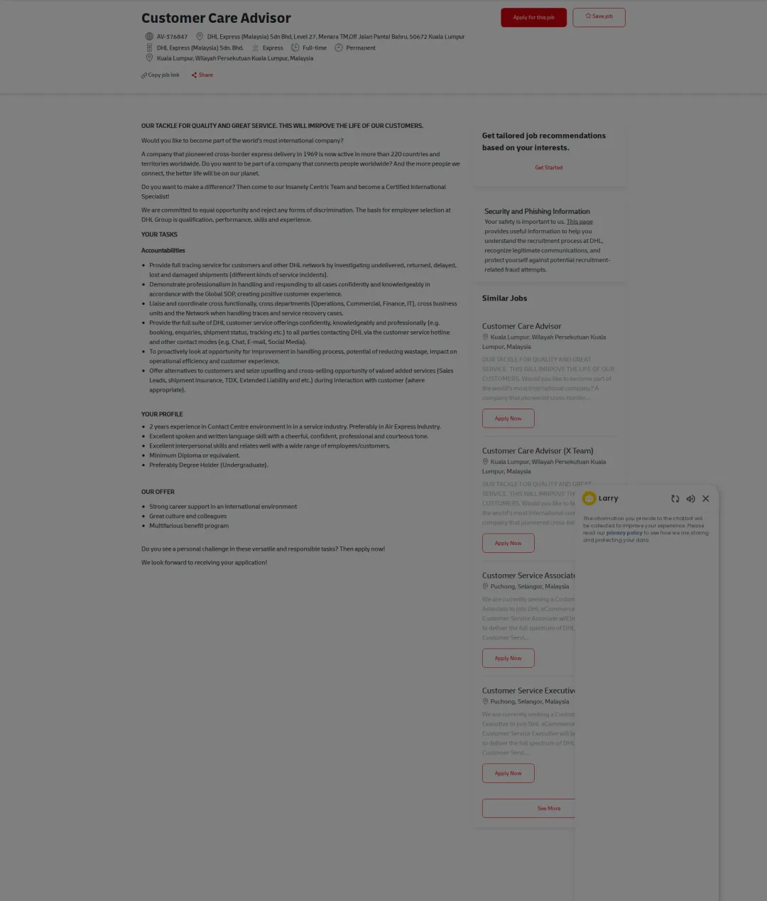 DHL Customer Care Advisor 채용공고