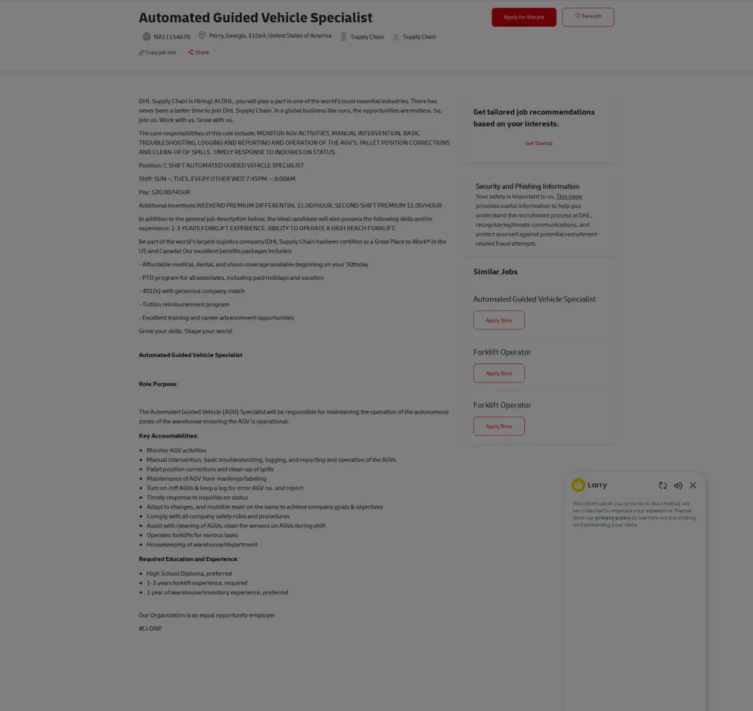 DHL Automated Guided Vehicle Specialist 채용공고