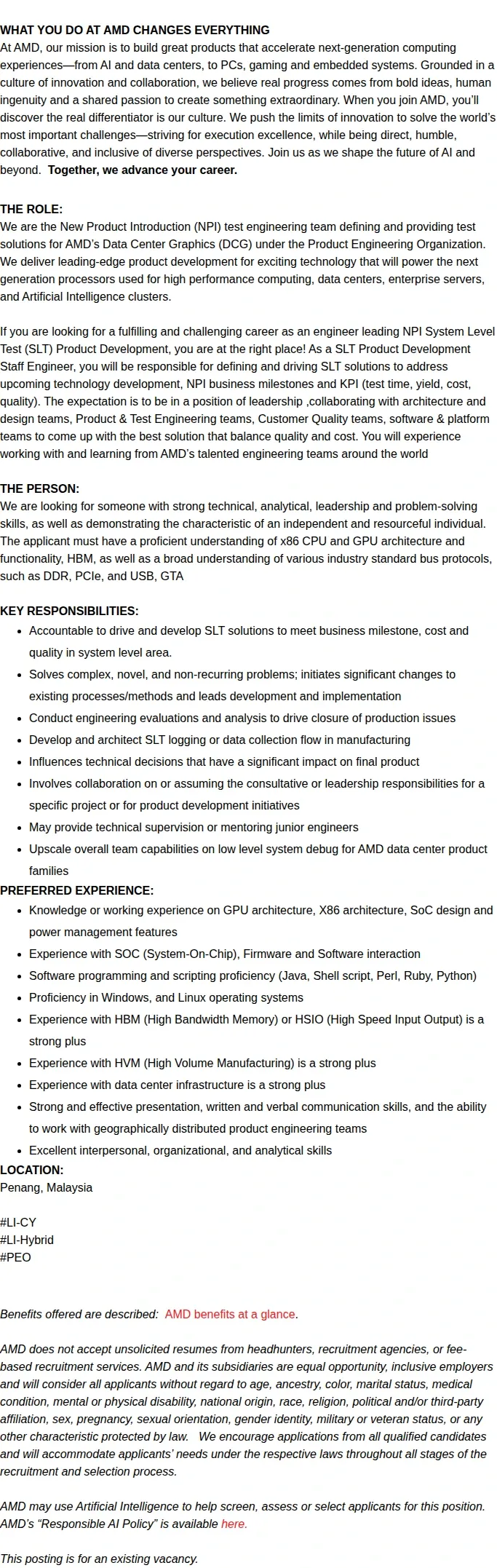 AMD Staff Product Development Engineer (System Level Test) 채용공고