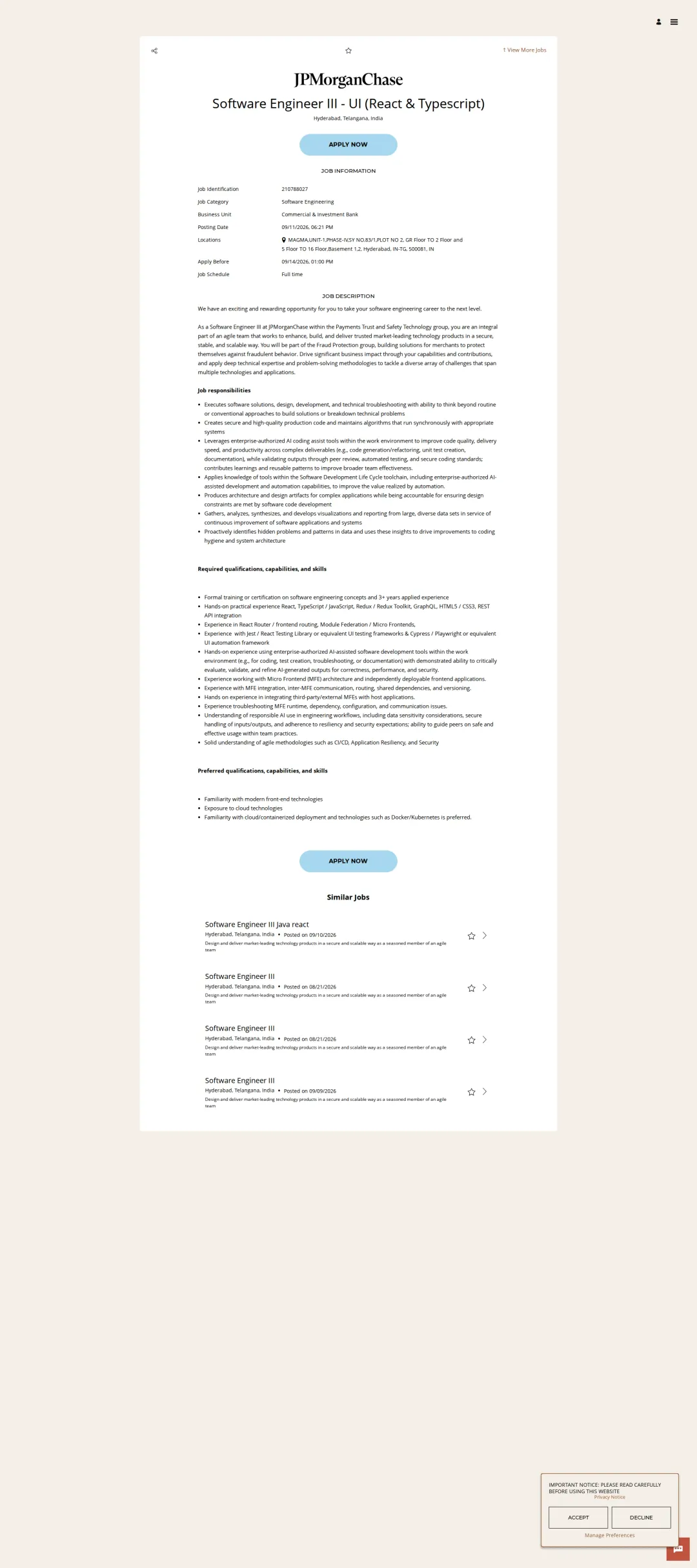 JPMorganChase Software Engineer III - UI (React & Typescript) 채용공고