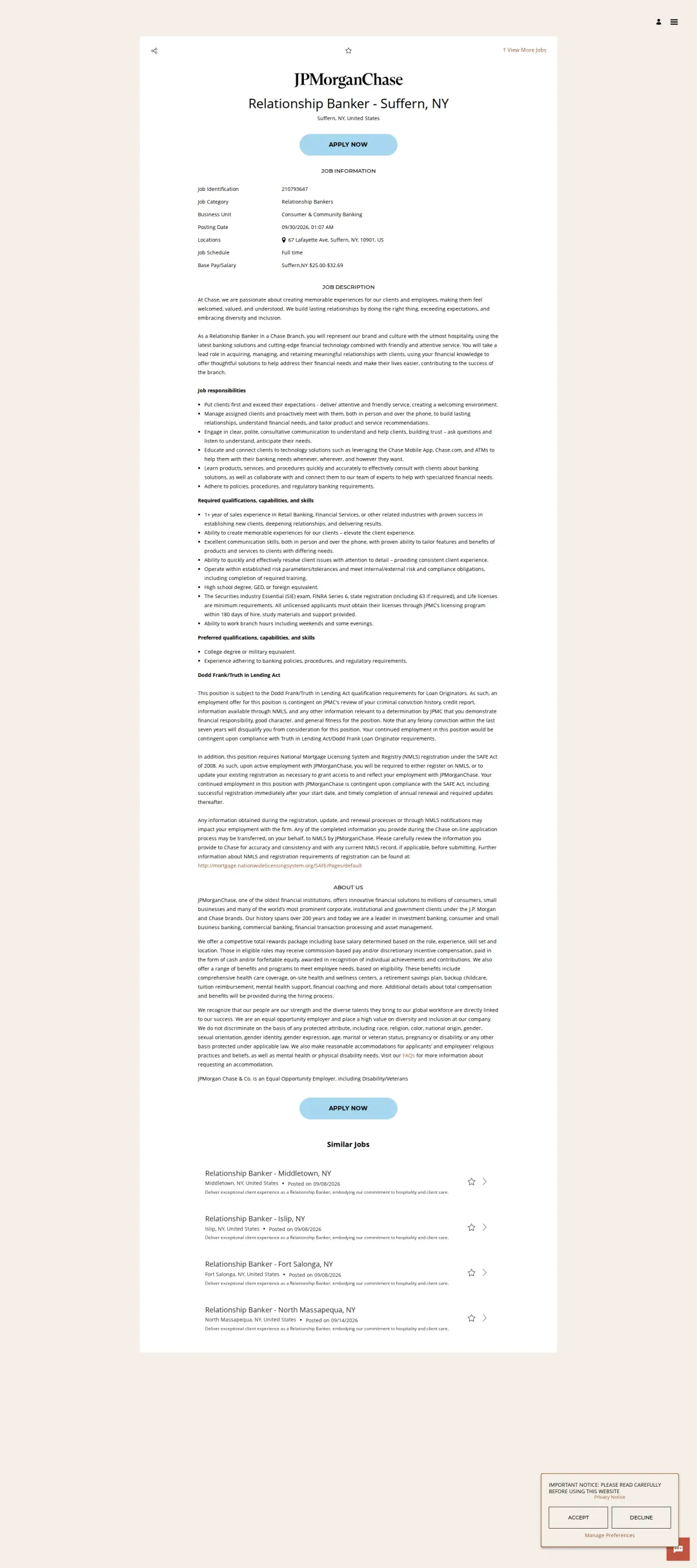 JPMorganChase Relationship Banker - Suffern, NY 채용공고