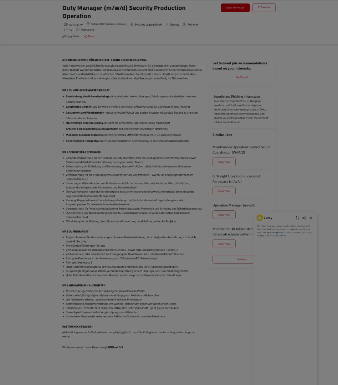 DHL Duty Manager (m/w/d) Security Production Operation 채용공고
