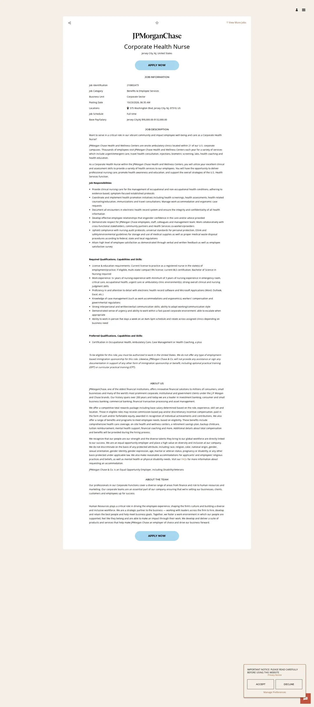 JPMorganChase Corporate Health Nurse 채용공고