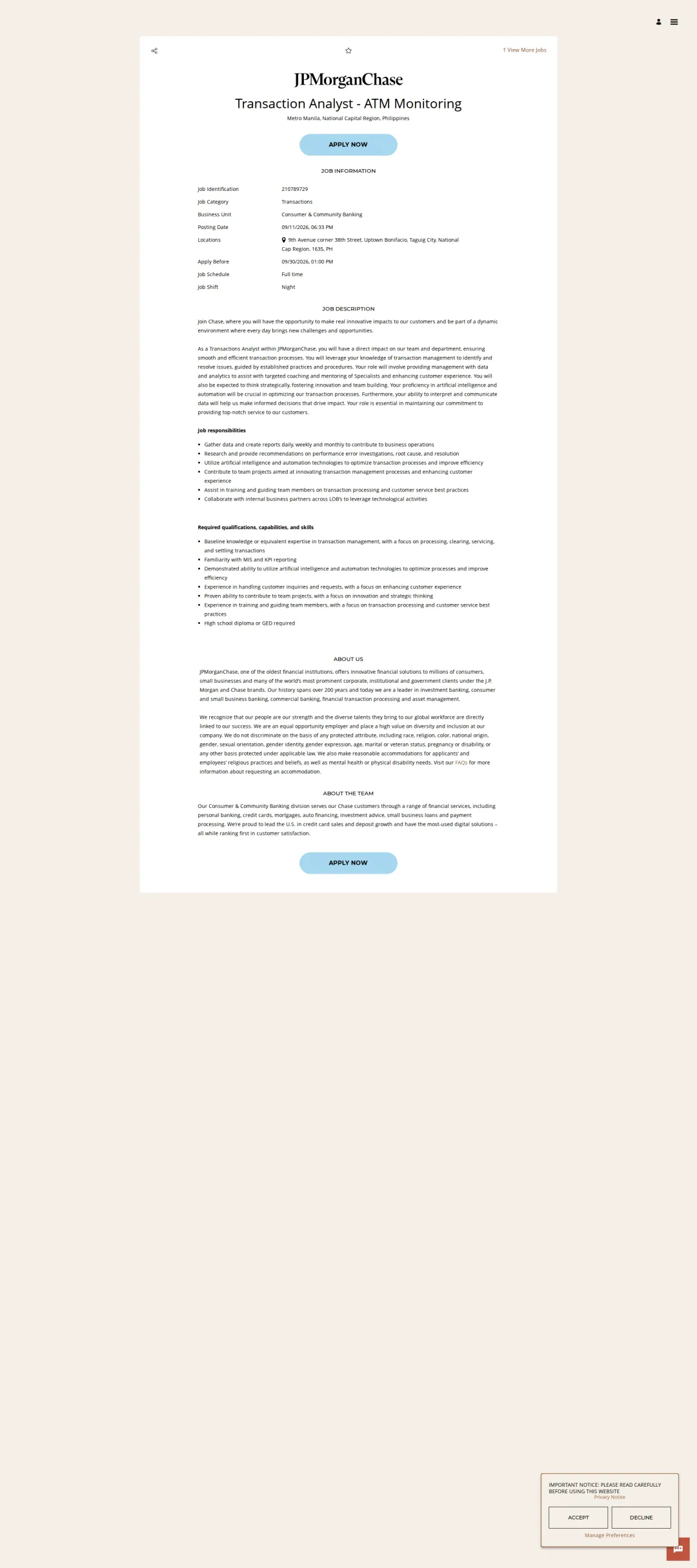 JPMorganChase Transaction Analyst - ATM Monitoring 채용공고