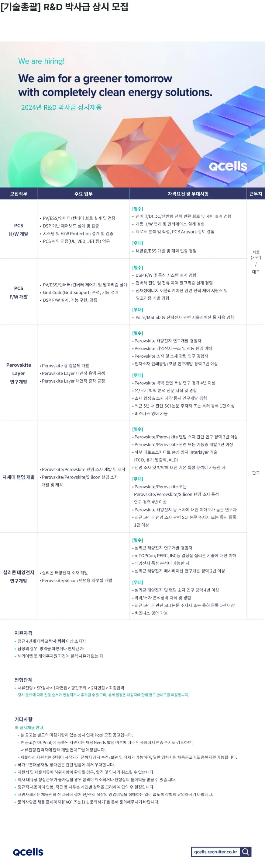 한화큐셀 [기술총괄] R&D 박사급 상시 모집 채용공고