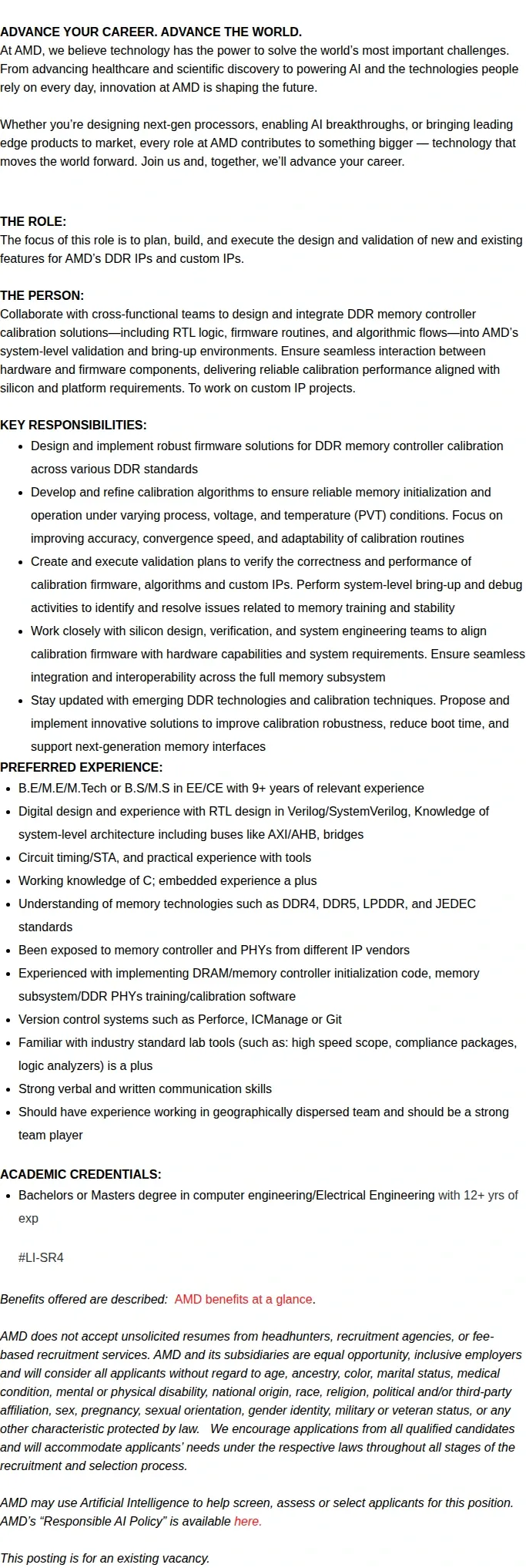 AMD Lead RTL Design & Validation Engineer with DDR protocols exp 채용공고