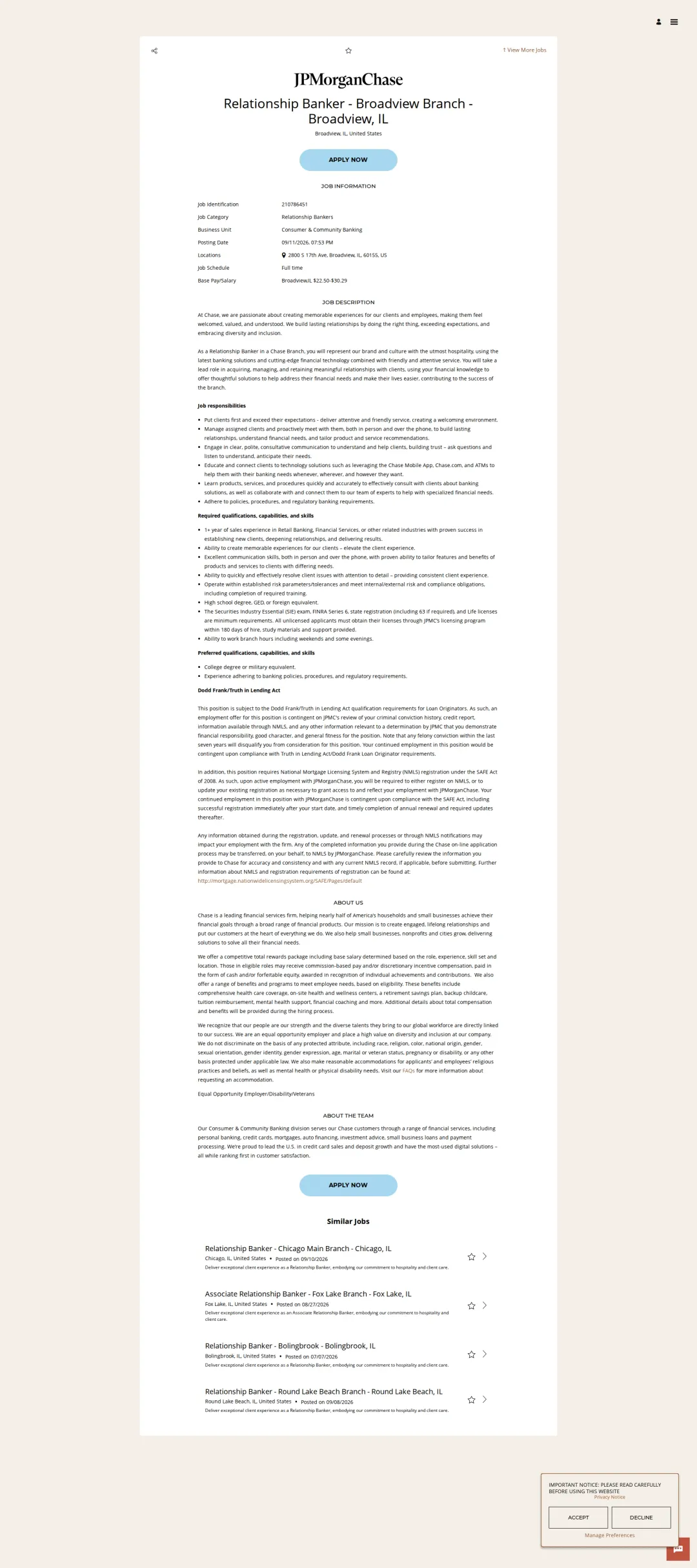 JPMorganChase Relationship Banker - Broadview Branch - Broadview, IL 채용공고