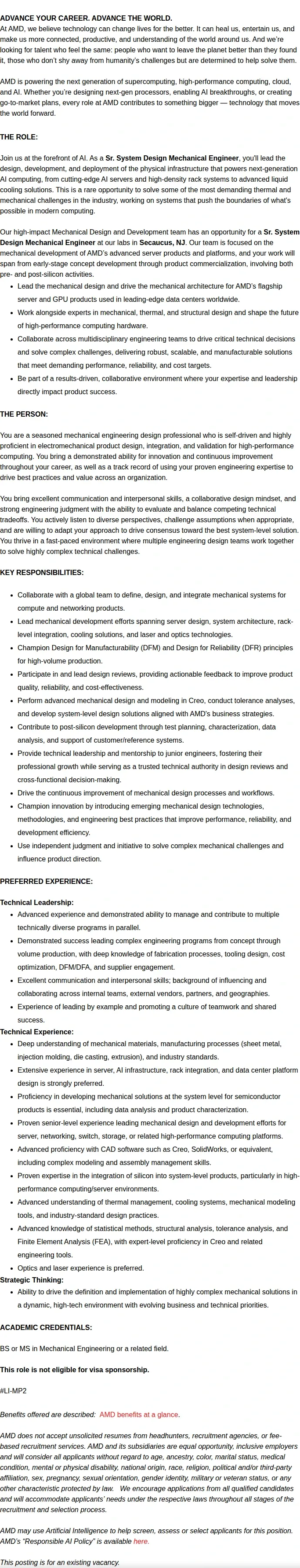 AMD Sr. System Design Mechanical Engineer 채용공고