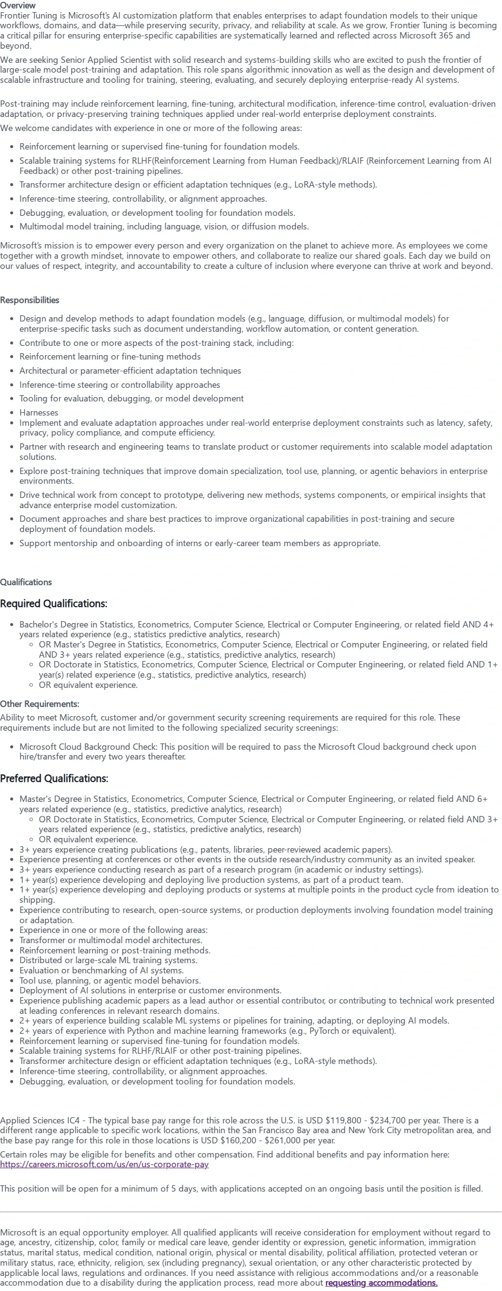 마이크로소프트(Microsoft) Senior Applied Scientist 채용공고