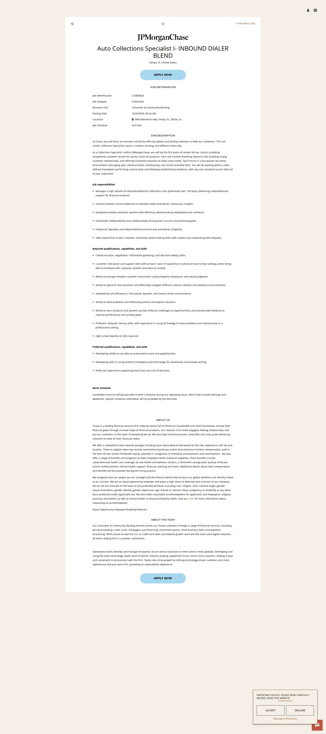 JPMorganChase Auto Collections Specialist I- INBOUND DIALER BLEND 채용공고