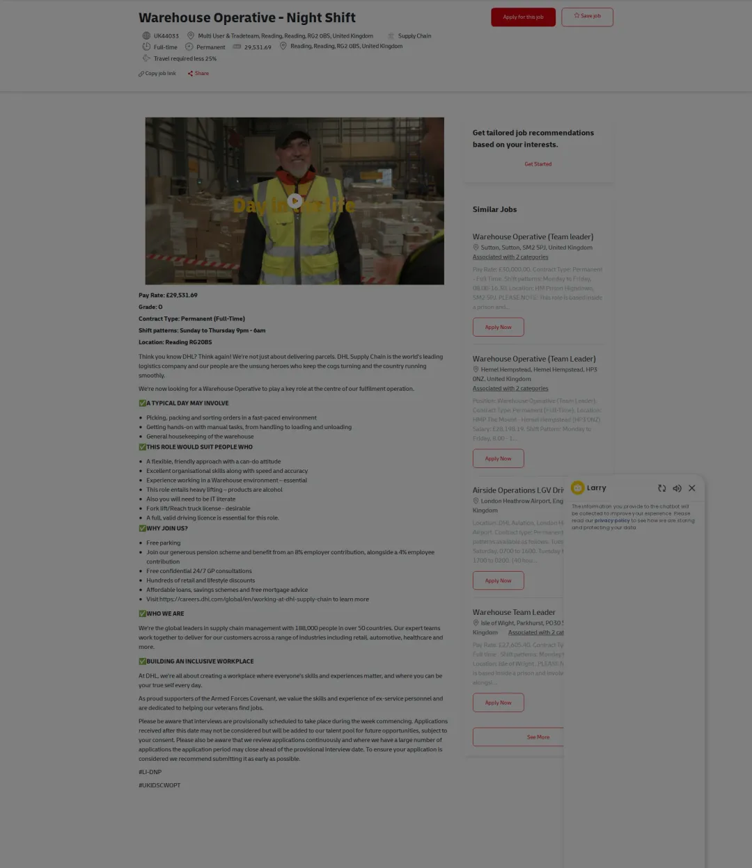 DHL Warehouse Operative - Night Shift 채용공고