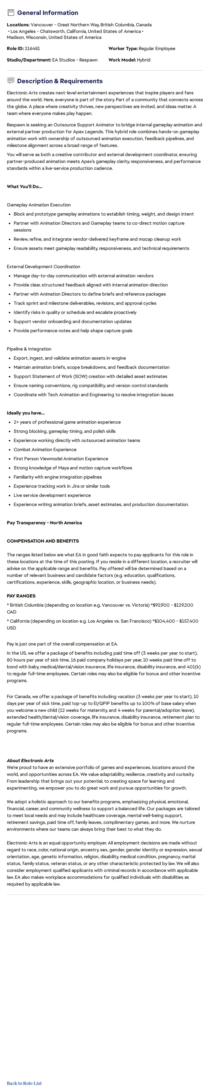 ElectronicArts Outsource Support Animator (Apex Legends) 채용공고