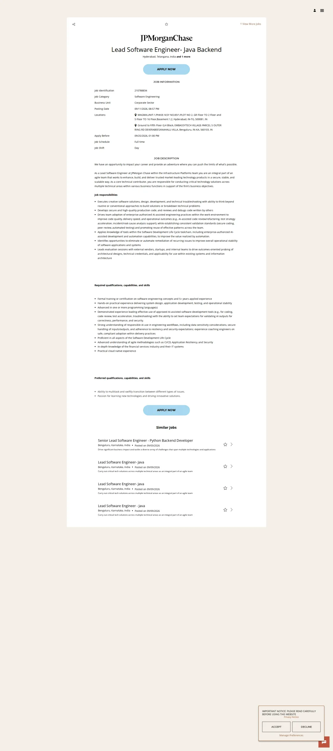 JPMorganChase Lead Software Engineer- Java Backend 채용공고