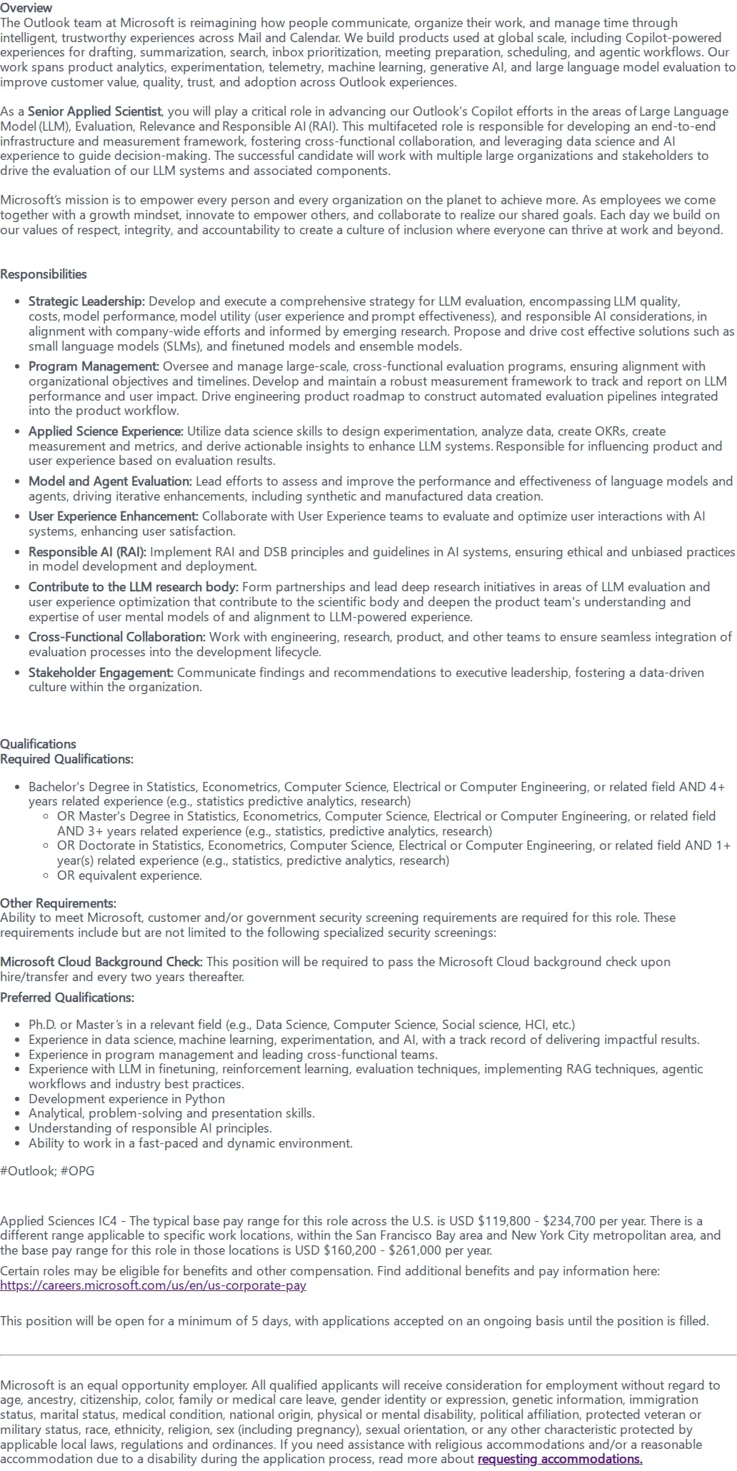 마이크로소프트(Microsoft) Senior Applied Scientist - Outlook Science Team 채용공고