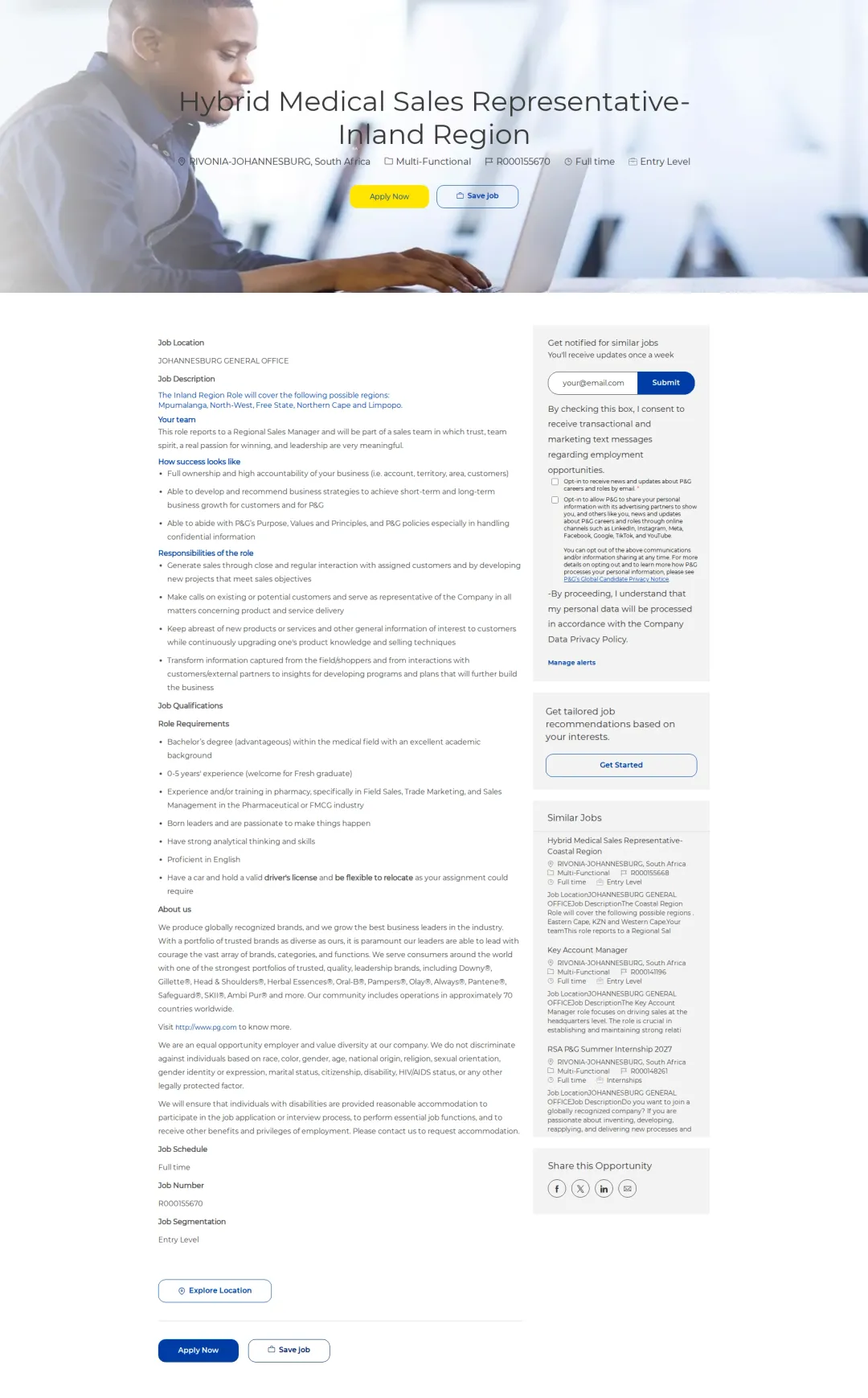 P&G Hybrid Medical Sales Representative- Inland Region 채용공고