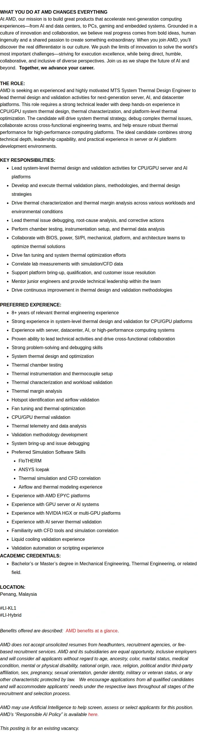 AMD System Thermal Design Staff Engineer 채용공고