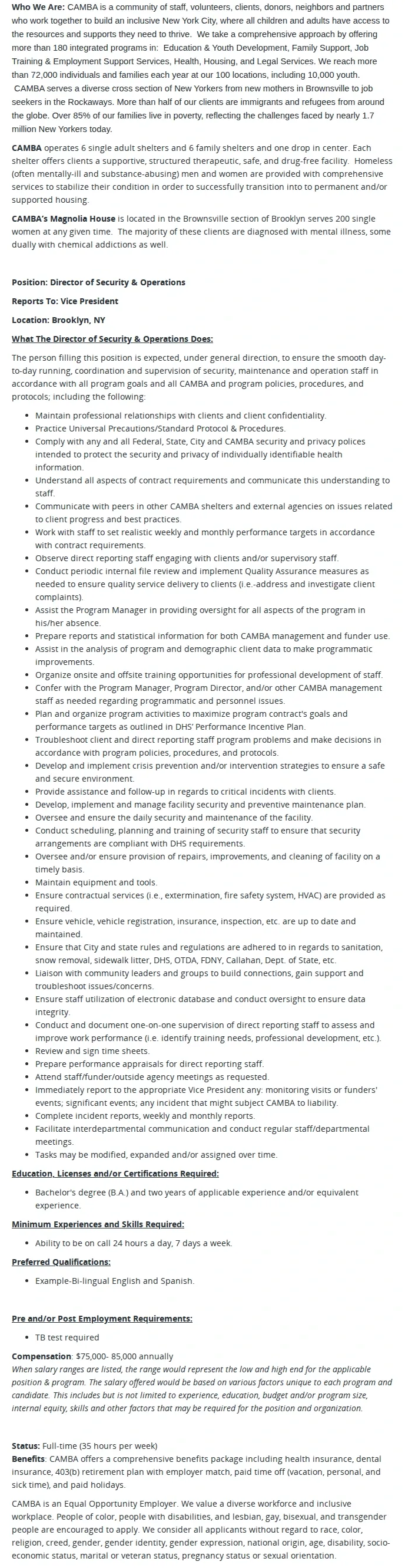 CAMBA Director of Security & Operations, Magnolia House Women's Shelter 채용공고
