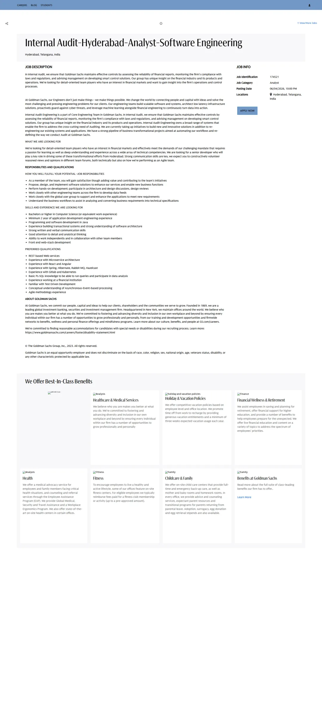 골드만삭스 Internal Audit-Hyderabad-Analyst-Software Engineering 채용공고