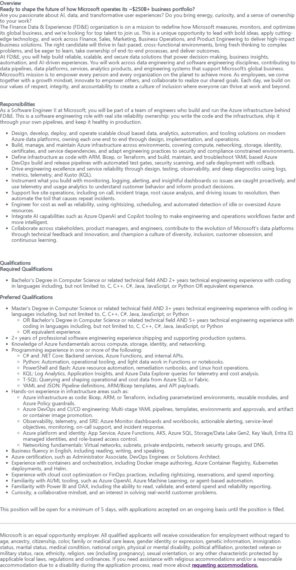 마이크로소프트(Microsoft) Software Engineer II - Finance Data & Experiences 채용공고
