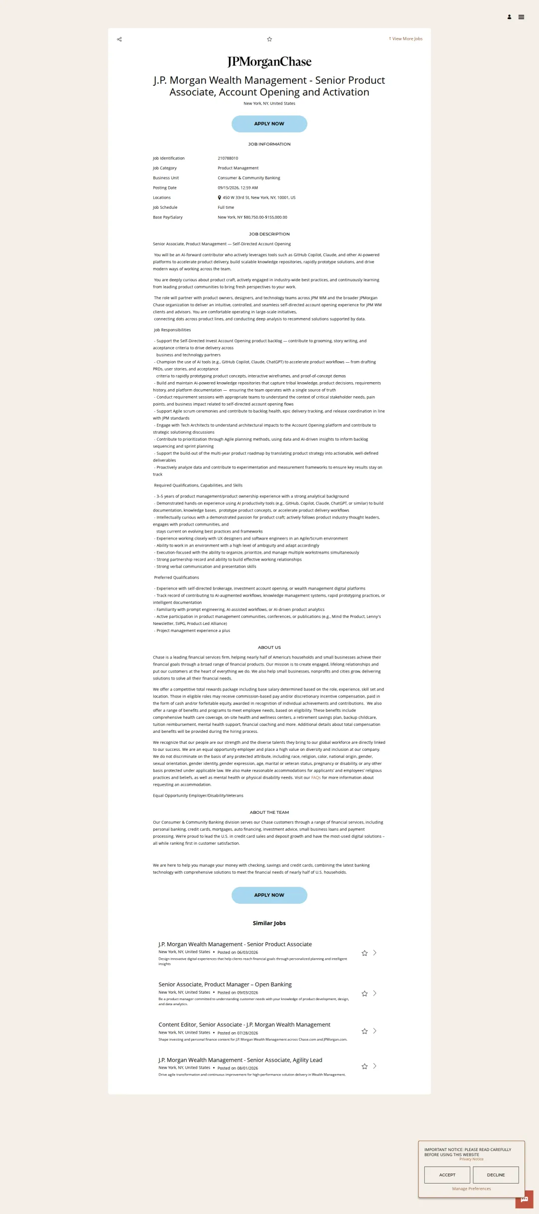 JPMorganChase J.P. Morgan Wealth Management - Senior Product Associate, Account Opening and Activation 채용공고