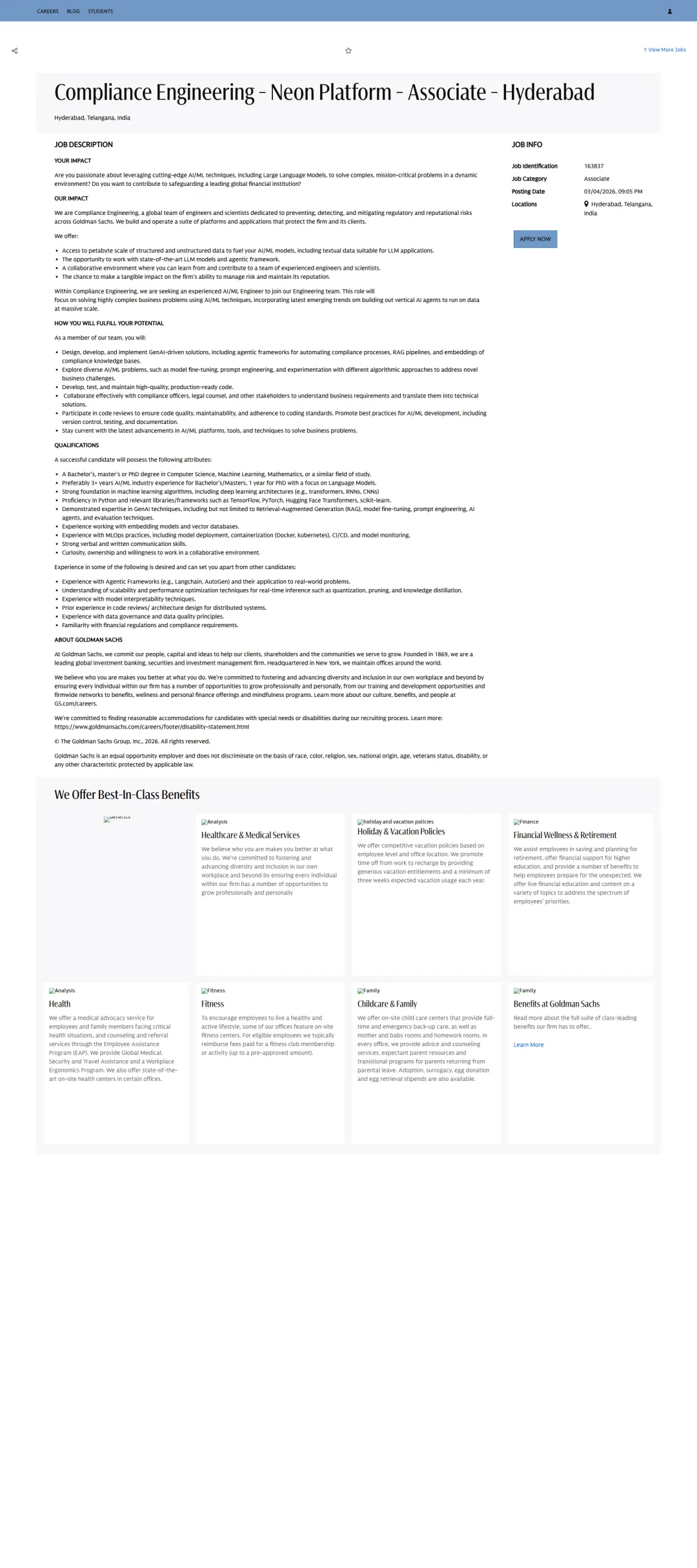 골드만삭스 Compliance Engineering - Neon Platform - Associate - Hyderabad 채용공고