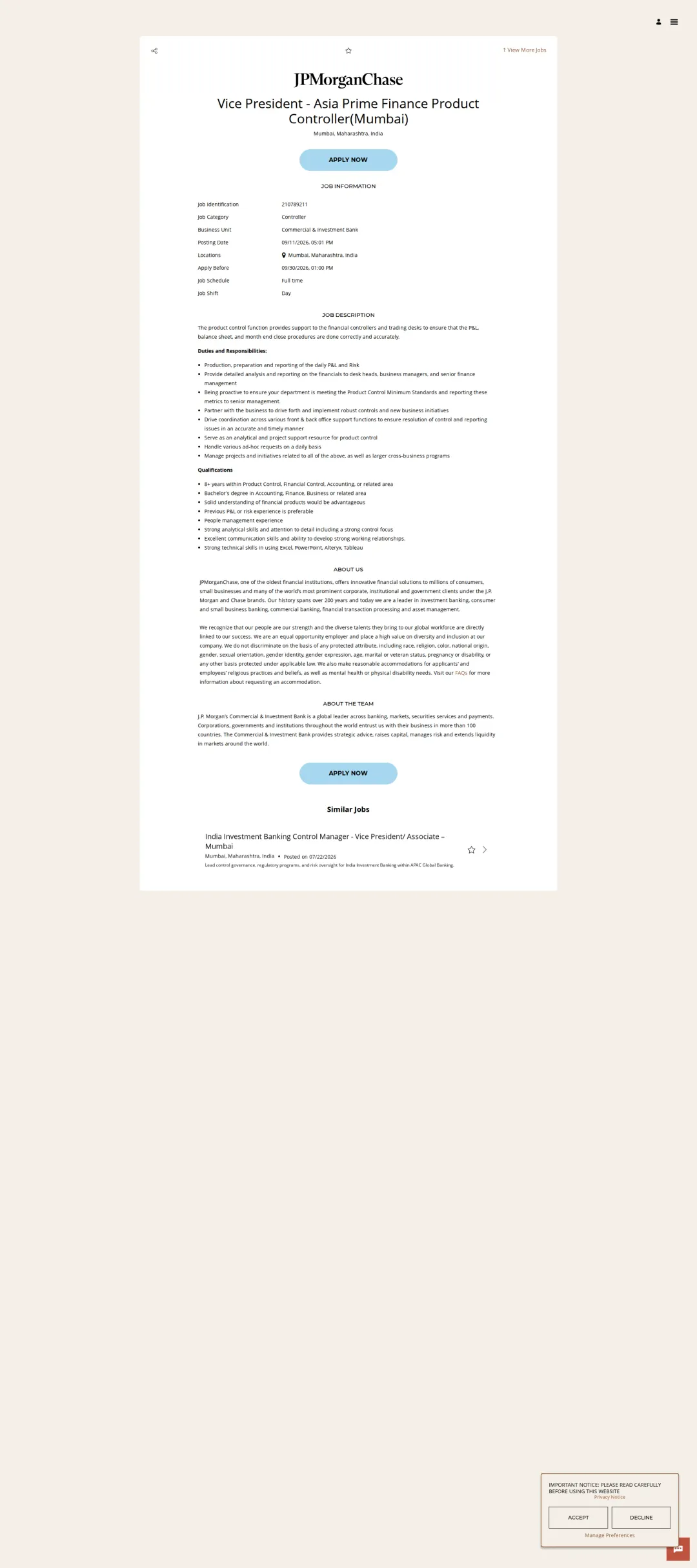 JPMorganChase Vice President - Asia Prime Finance Product Controller(Mumbai) 채용공고