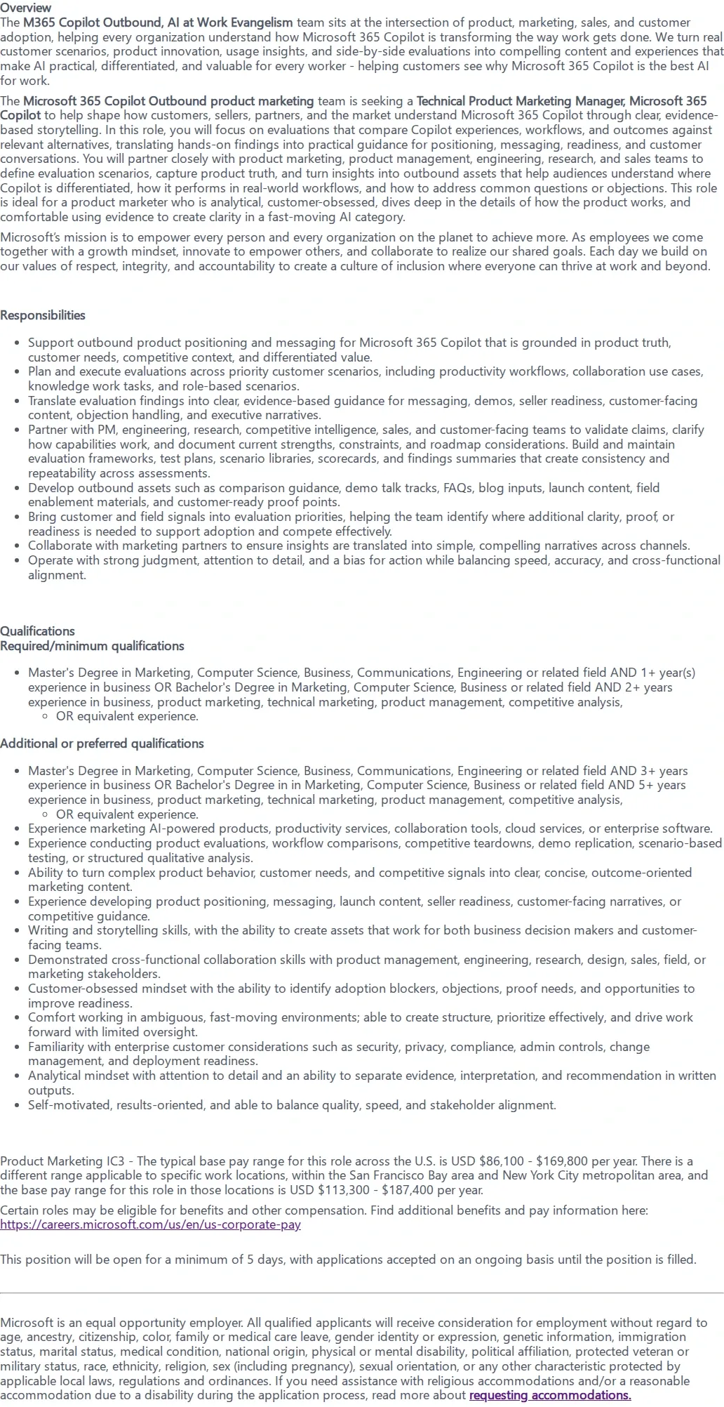 마이크로소프트(Microsoft) Technical Product Marketing Manager, Microsoft 365 Copilot 채용공고