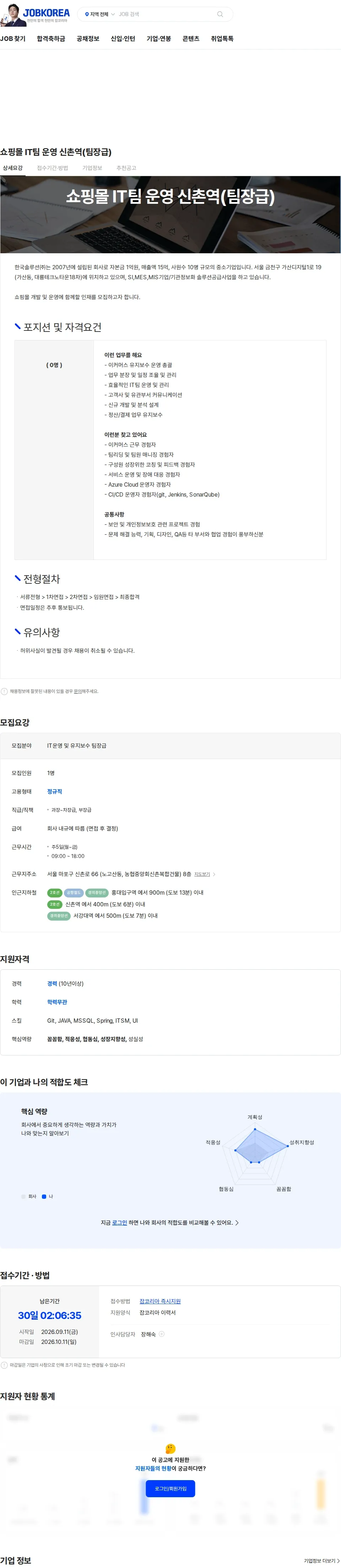 한국솔루션 쇼핑몰 IT팀 운영 신촌역(팀장급) 채용공고