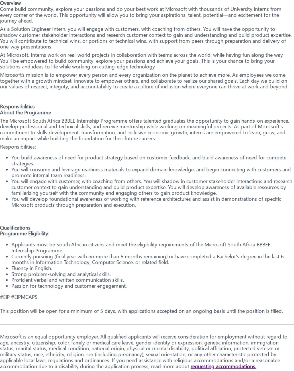 마이크로소프트(Microsoft) Solution Engineer - BBBEE Internship 채용공고