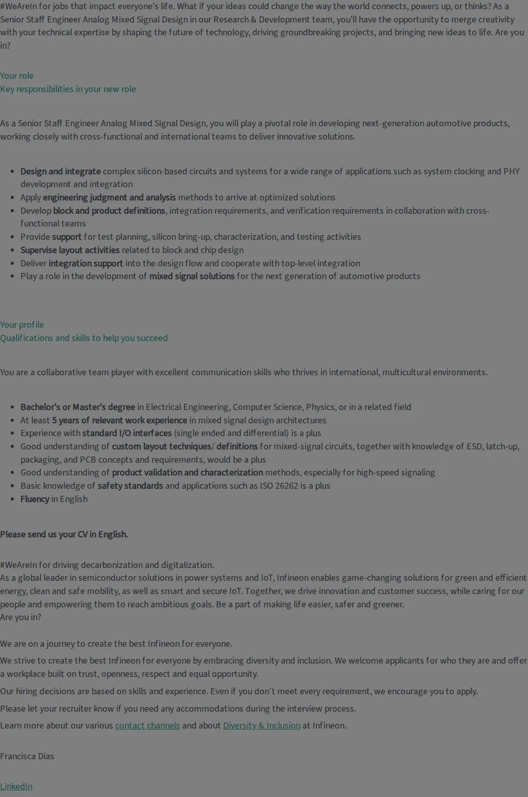 인피니언테크놀로지스코리아 Senior Staff Engineer Analog Mixed Signal Design (f/m/div) 채용공고