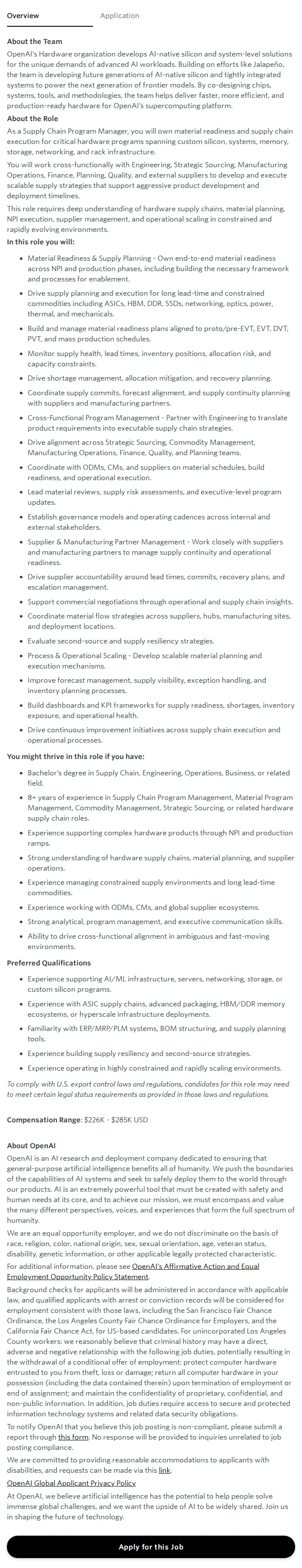 오픈에이아이(OpenAI) Supply Chain Program Manager (SCPM) - AI Infrastructure 채용공고