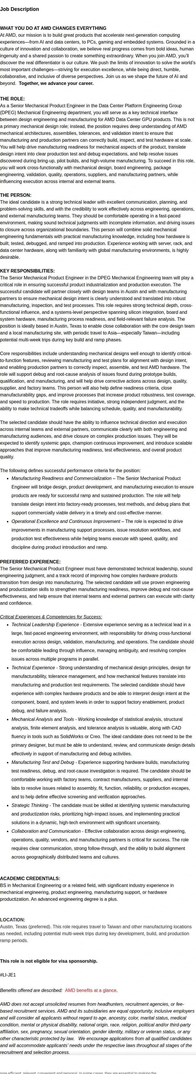 AMD Senior Mechanical Product Engineer 채용공고