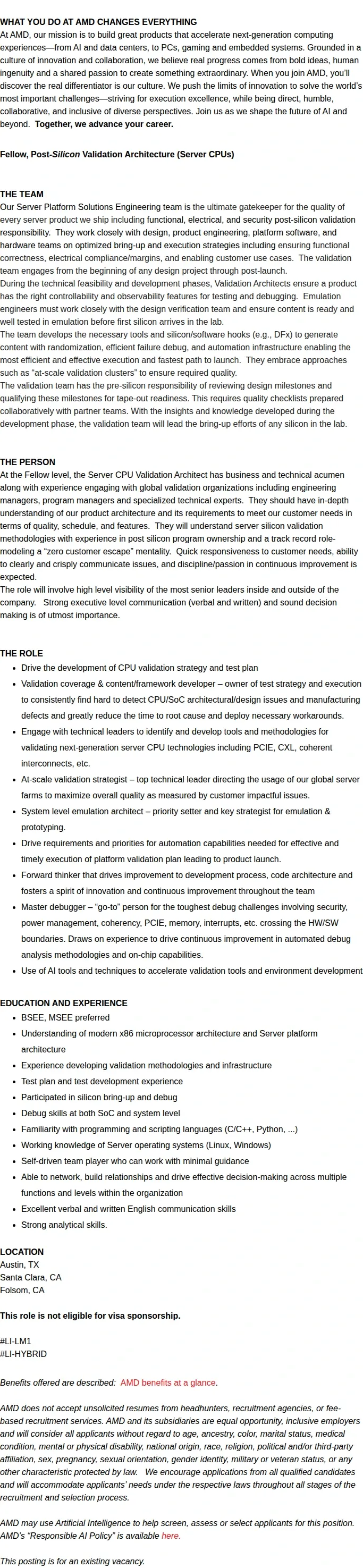 AMD Fellow, Server CPU / Post Silicon Architect 채용공고
