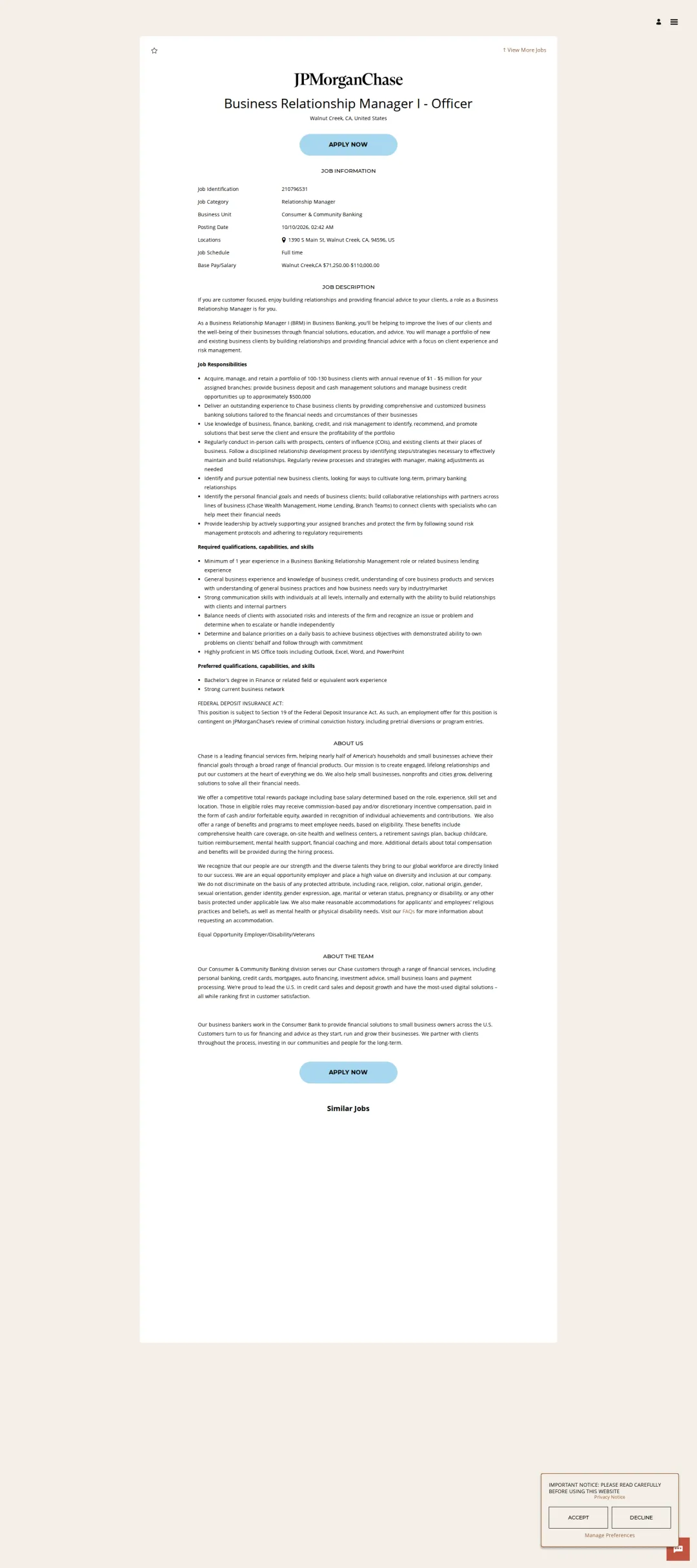 JPMorganChase Business Relationship Manager I - Officer 채용공고