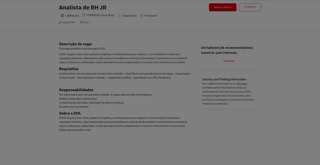 DHL Analista de RH JR 채용공고