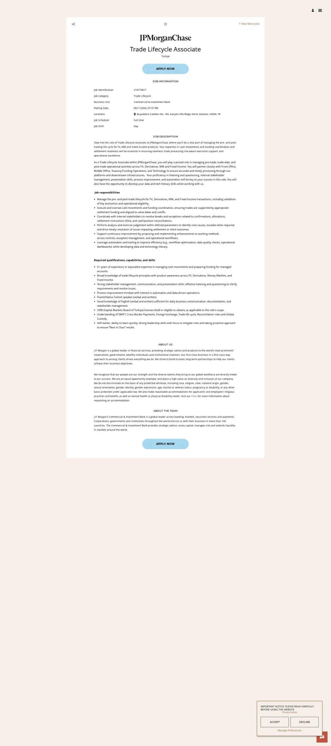 JPMorganChase Trade Lifecycle Associate 채용공고