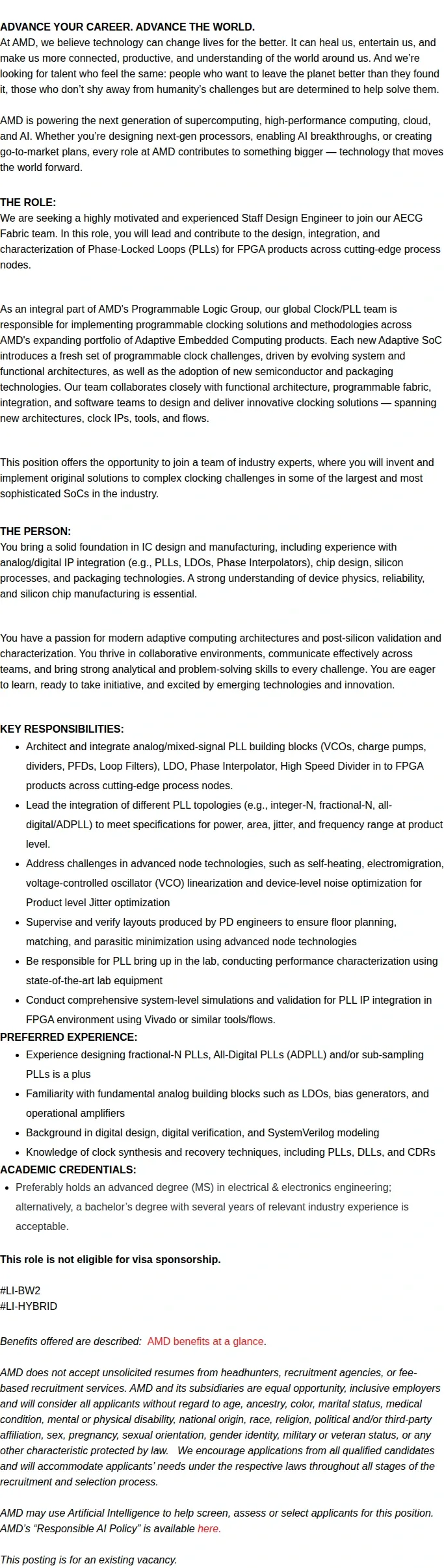 AMD PLL Design/ Integration Staff Engineer  - Adaptive Computing Group 채용공고