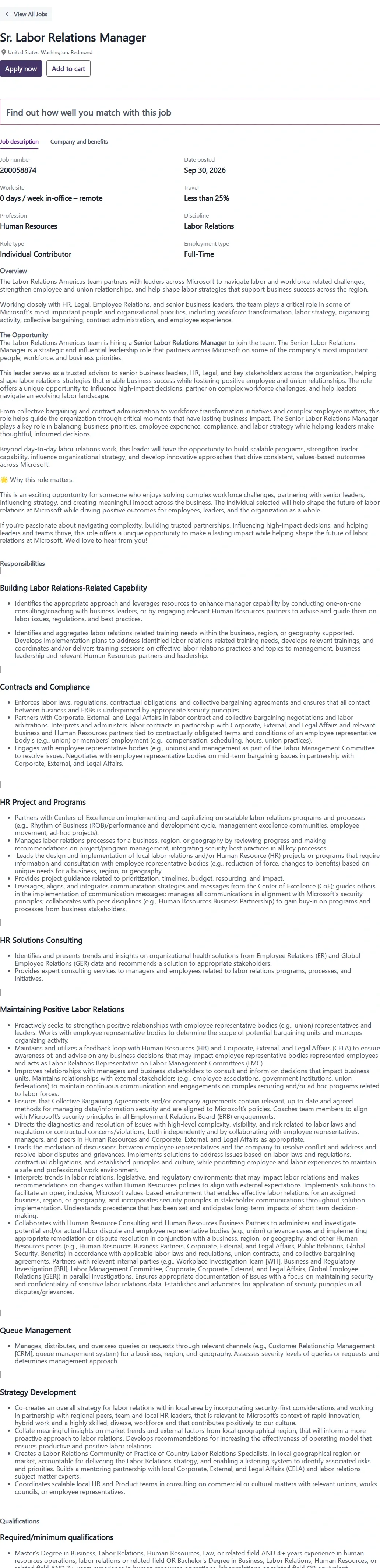 마이크로소프트(Microsoft) Sr. Labor Relations Manager 채용공고