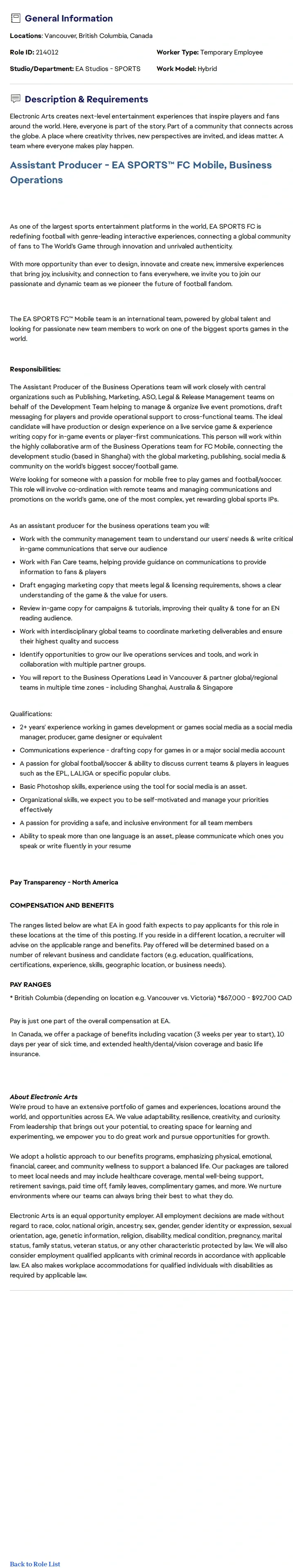 ElectronicArts Assistant Producer - EA SPORTS™ FC Mobile, Business Operations 채용공고
