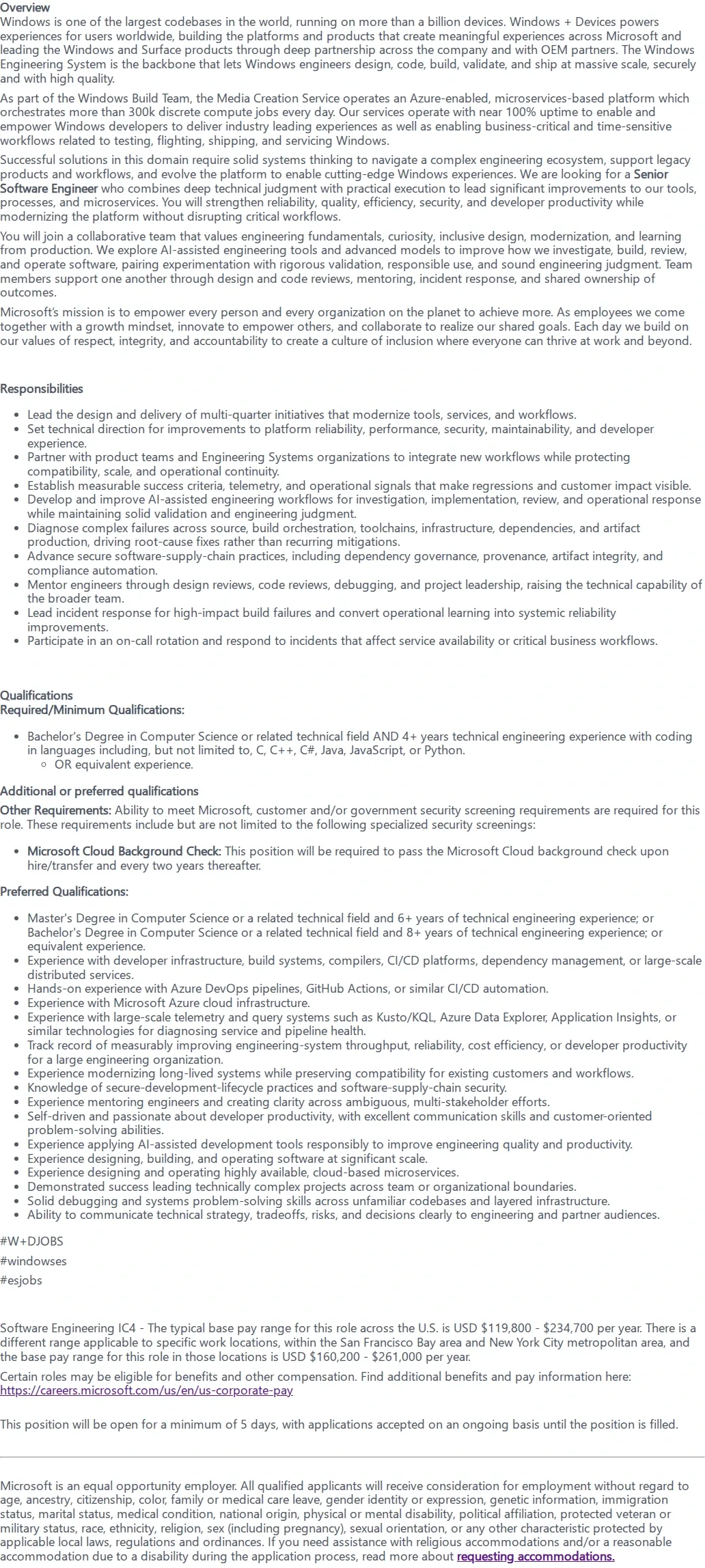 마이크로소프트(Microsoft) Senior Software Engineer - Microservices & Windows Imaging 채용공고