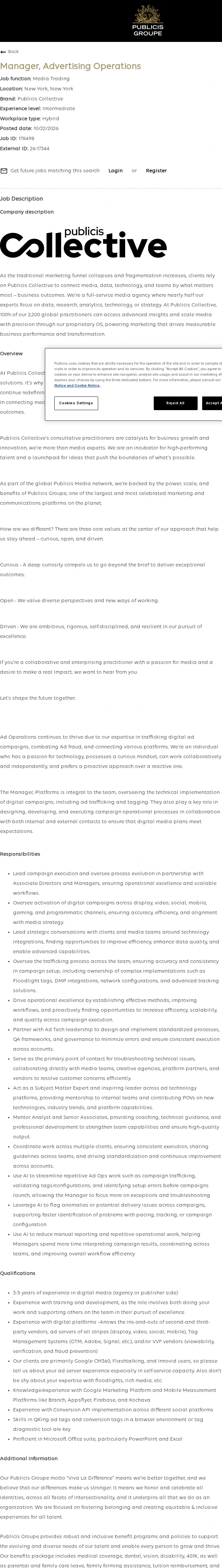 Publicis Groupe Manager, Advertising Operations 채용공고