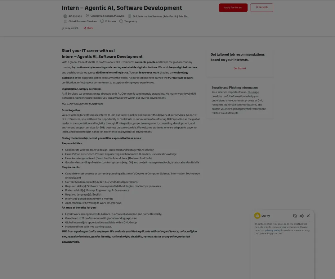 DHL Intern – Agentic AI, Software Development 채용공고
