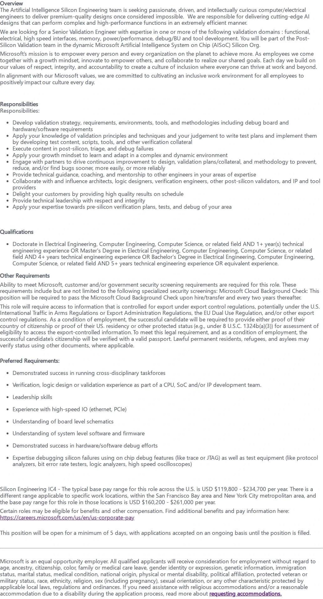 마이크로소프트(Microsoft) Senior Validation Engineer 채용공고